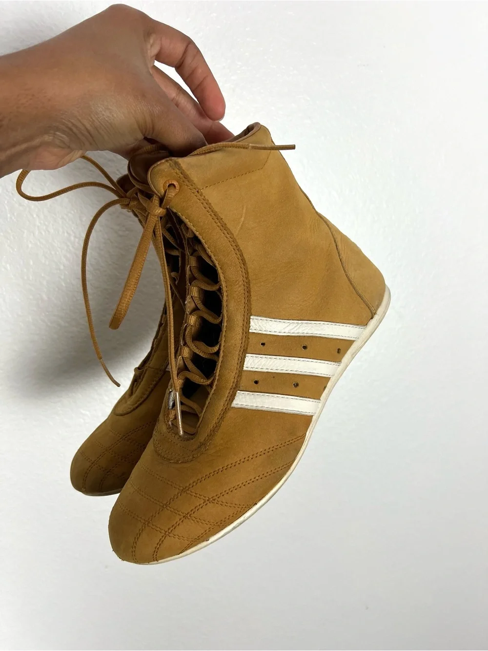 adidas Prajna Tan High-Top Lace-Up Sneakers with White Stripes Boxing Style